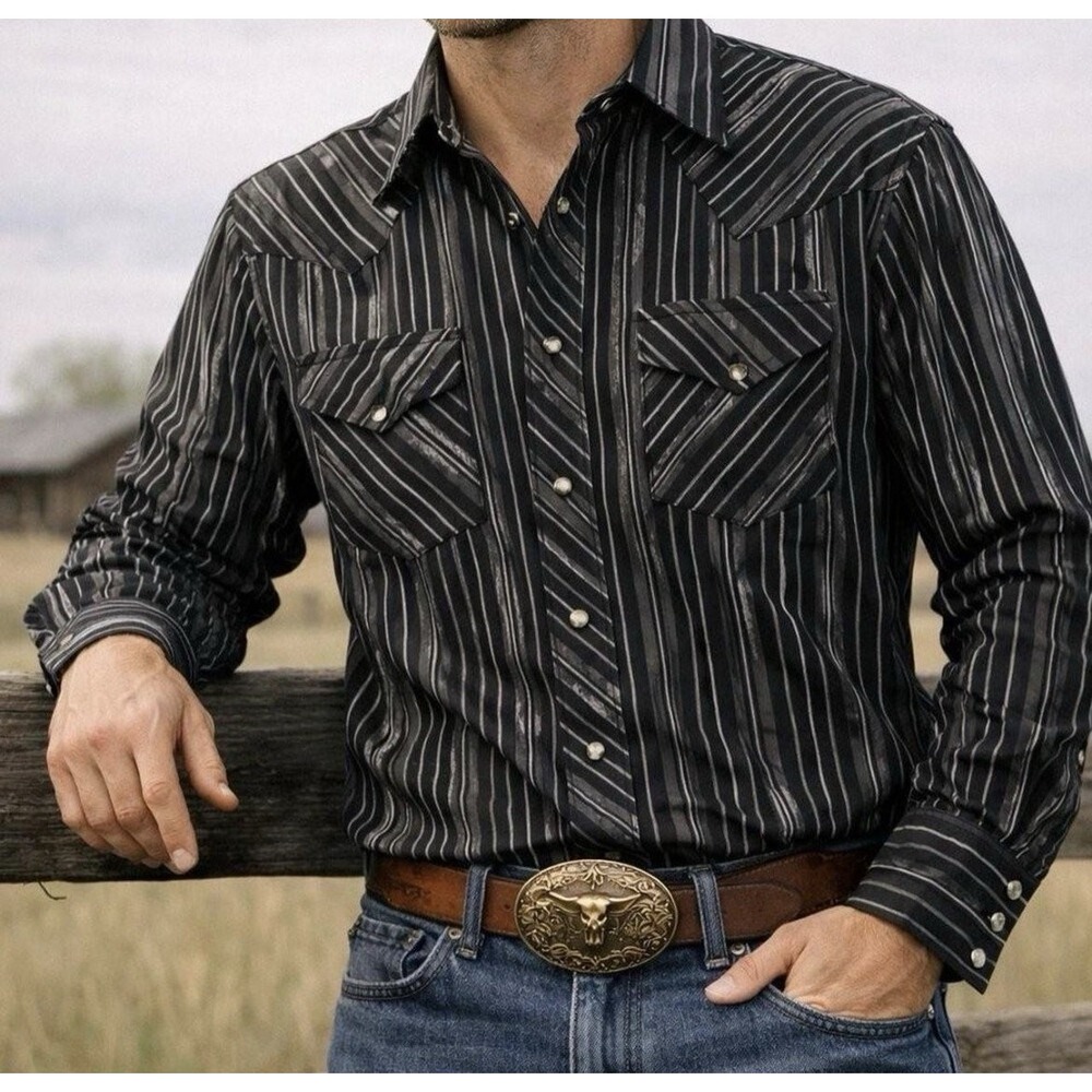 Wrangler Western Shirt Mens Large NWT Black Silver Metallic Striped Pearl Snap